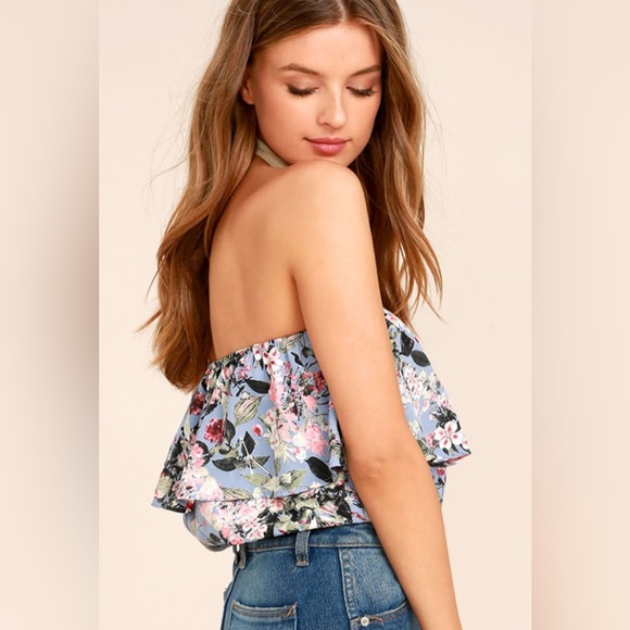 Lulus Move Freely Periwinkle Blue Floral Print Strapless Crop Top-Md - Picture 1 of 11